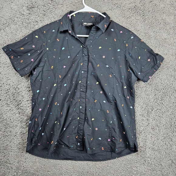 Taco Bell Womens L Black Short Sleeve Button Down Shirt Novelty Print - Picture 1 of 7